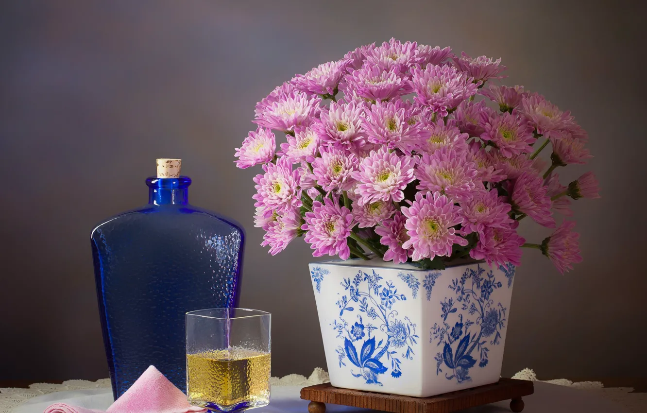 Photo wallpaper flowers, glass, style, background, bottle, pink, still life, chrysanthemum