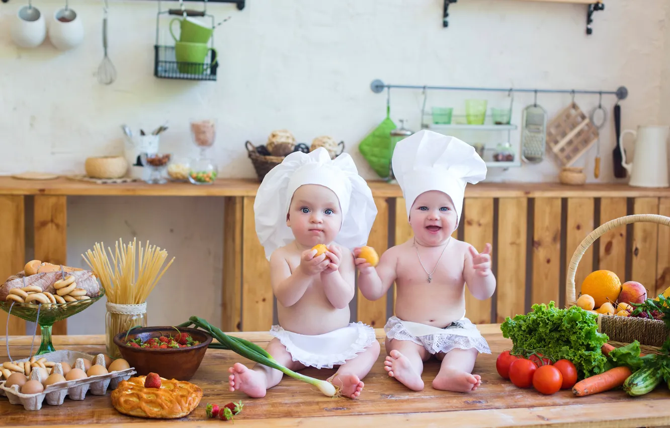Photo wallpaper children, baby, strawberry, kitchen, fruit, vegetables, tomatoes, cakes