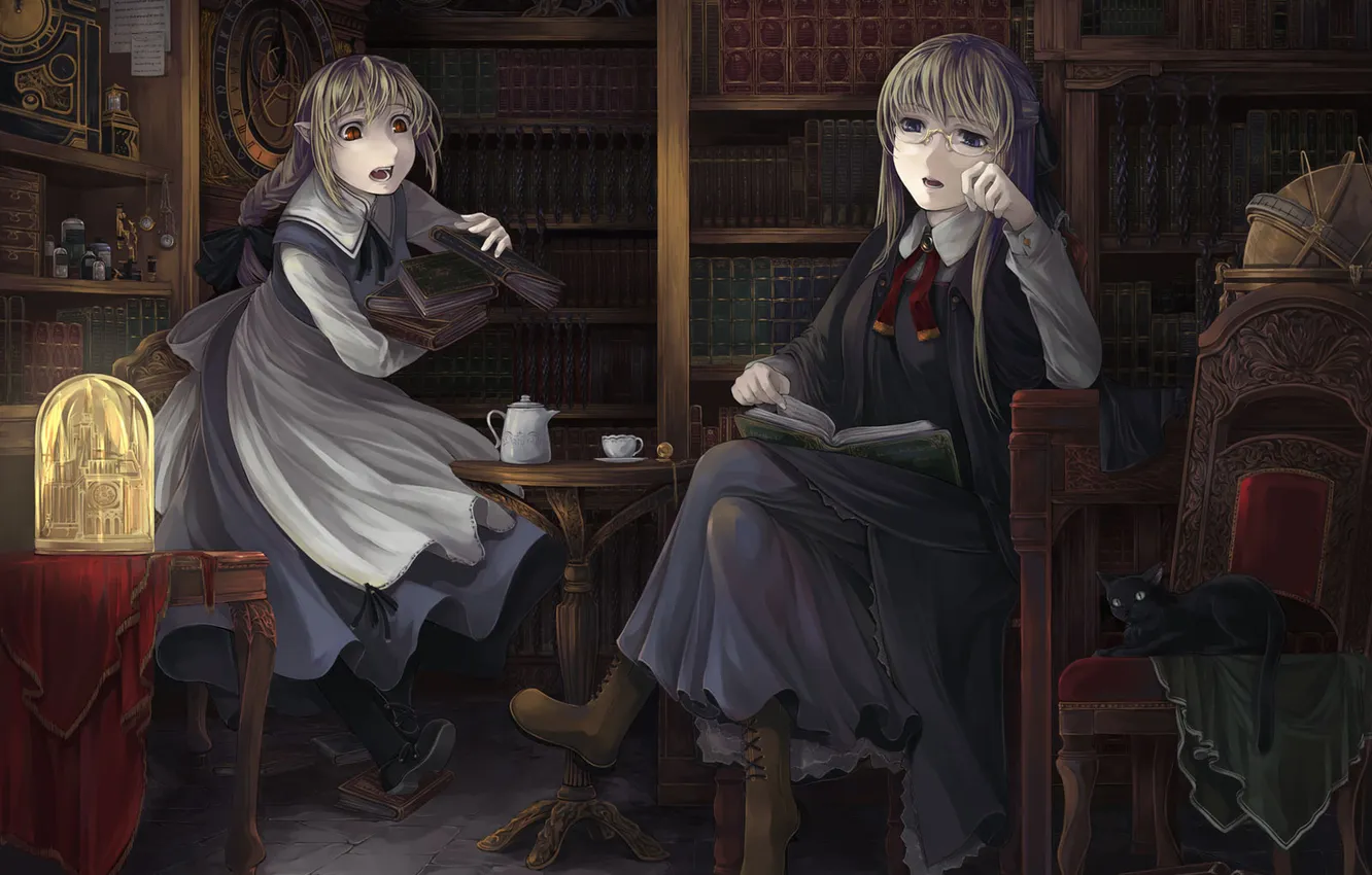 Photo wallpaper anime, book, library