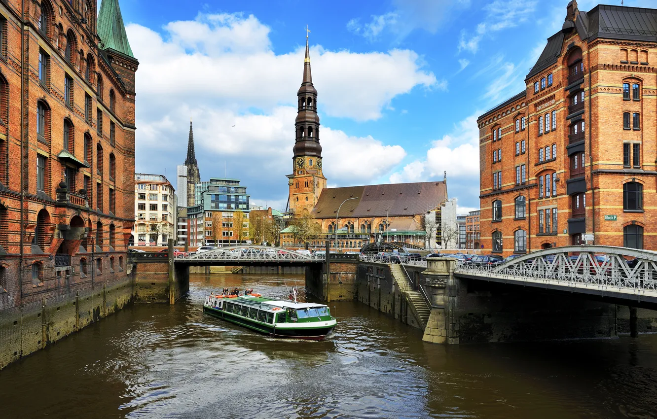 Photo wallpaper the sky, clouds, bridge, city, the city, river, building, Germany