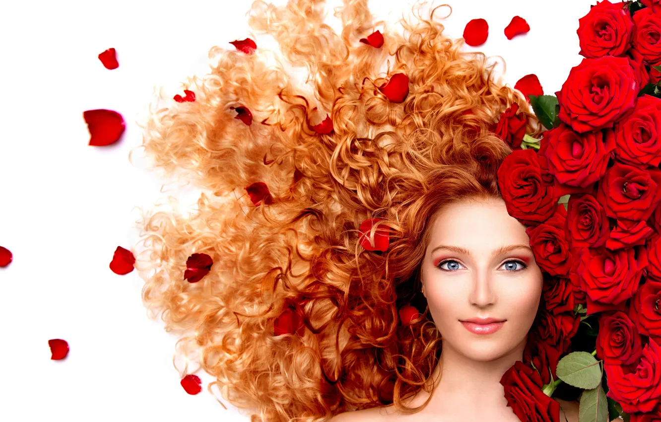 Photo wallpaper look, red hair, curls, rose petals