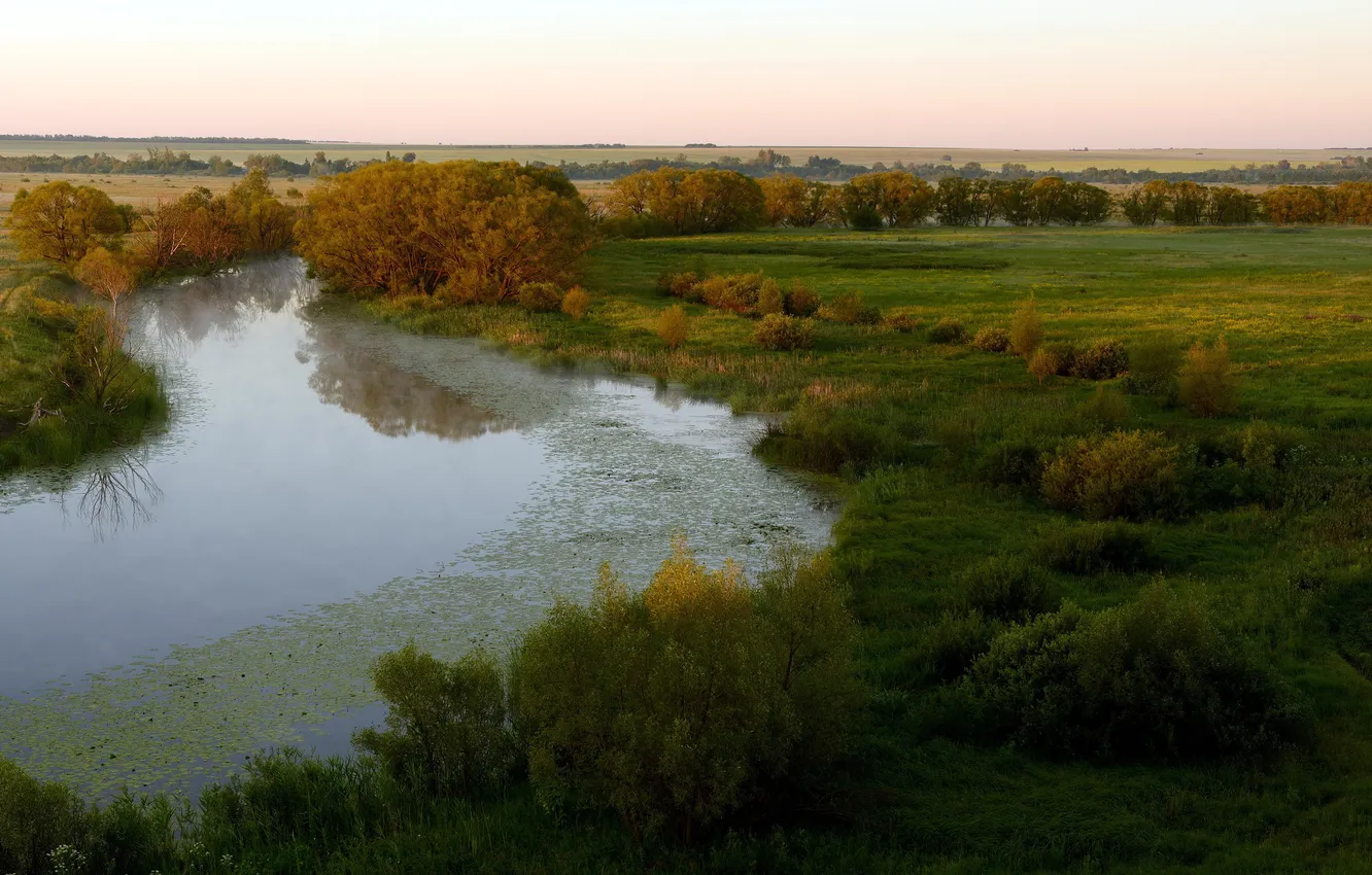 Photo wallpaper field, river, morning, homeland