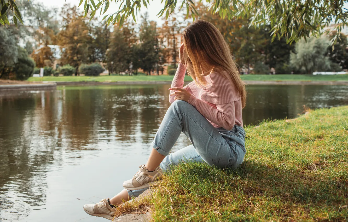 Photo wallpaper girl, nature, sky, nature, lake, model, women, jeans