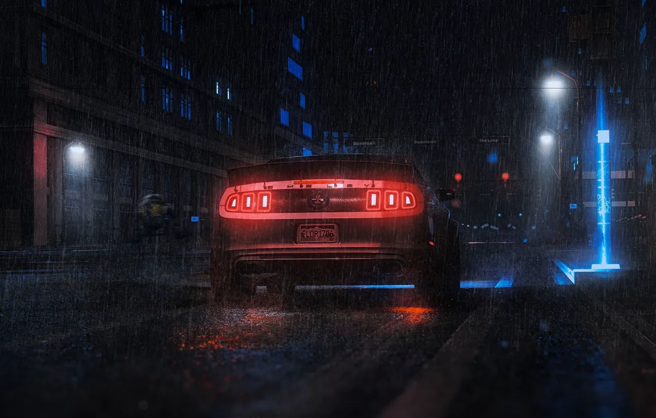 Photo wallpaper night, rain, street, Mustang, Ford
