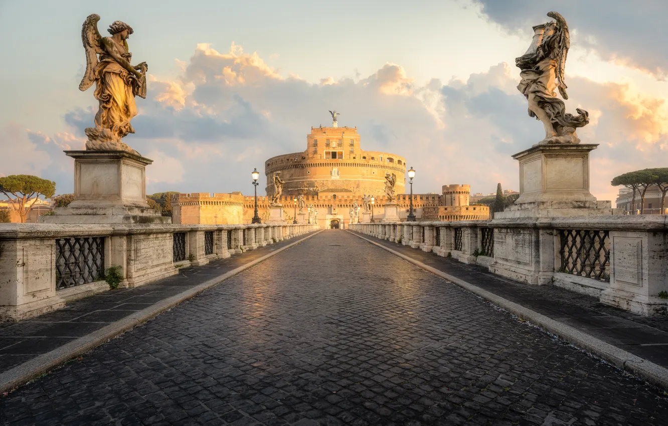 Photo wallpaper road, the sky, clouds, bridge, the city, castle, perspective, tile