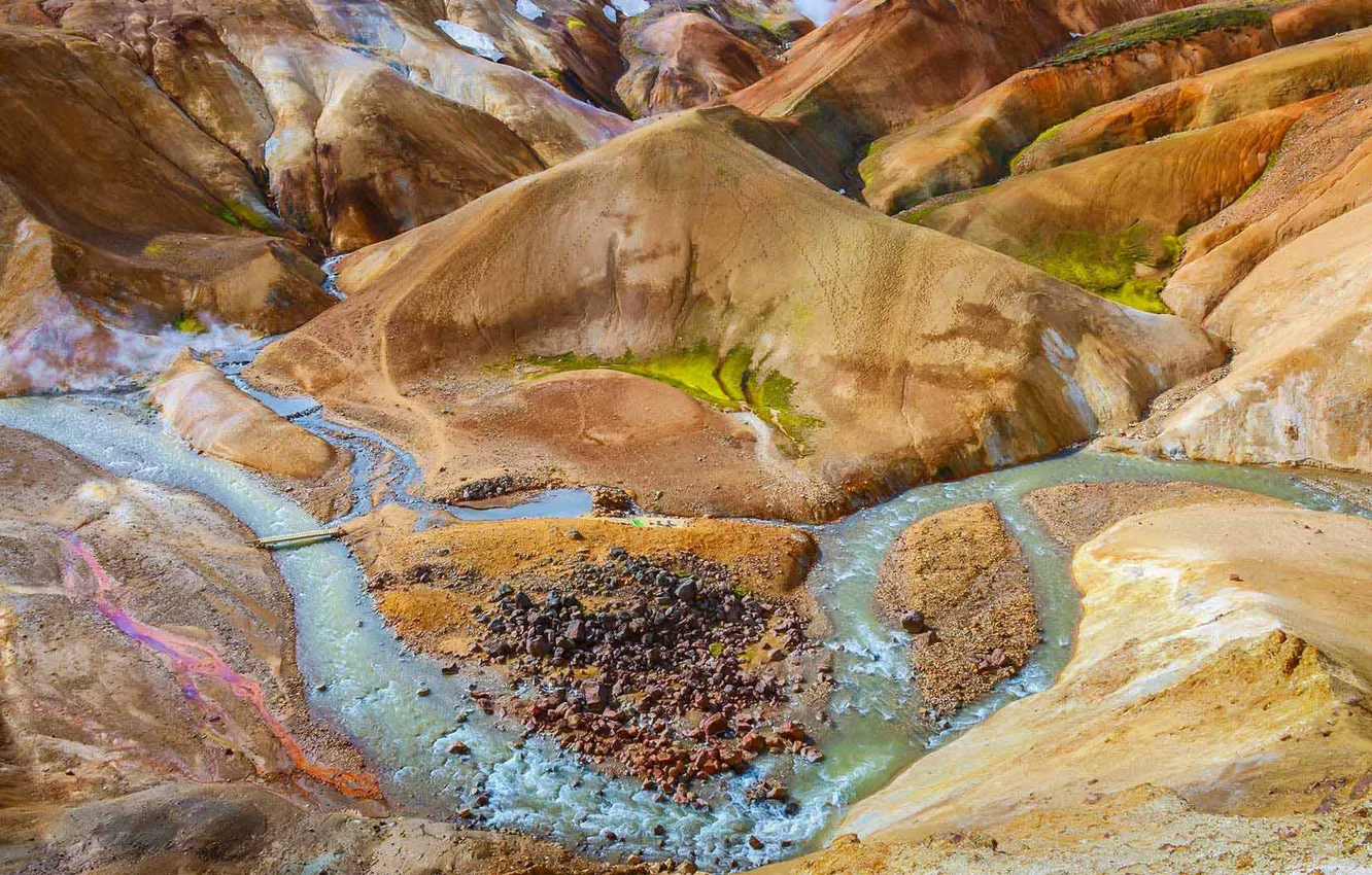 Photo wallpaper bridge, river, landscape, field, geothermal hot spring, geothermal hot springs, Kerlingafjoll