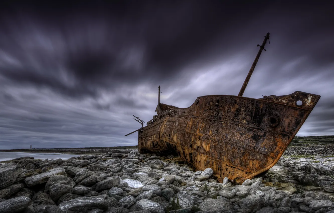 Photo wallpaper sunset, shore, ship