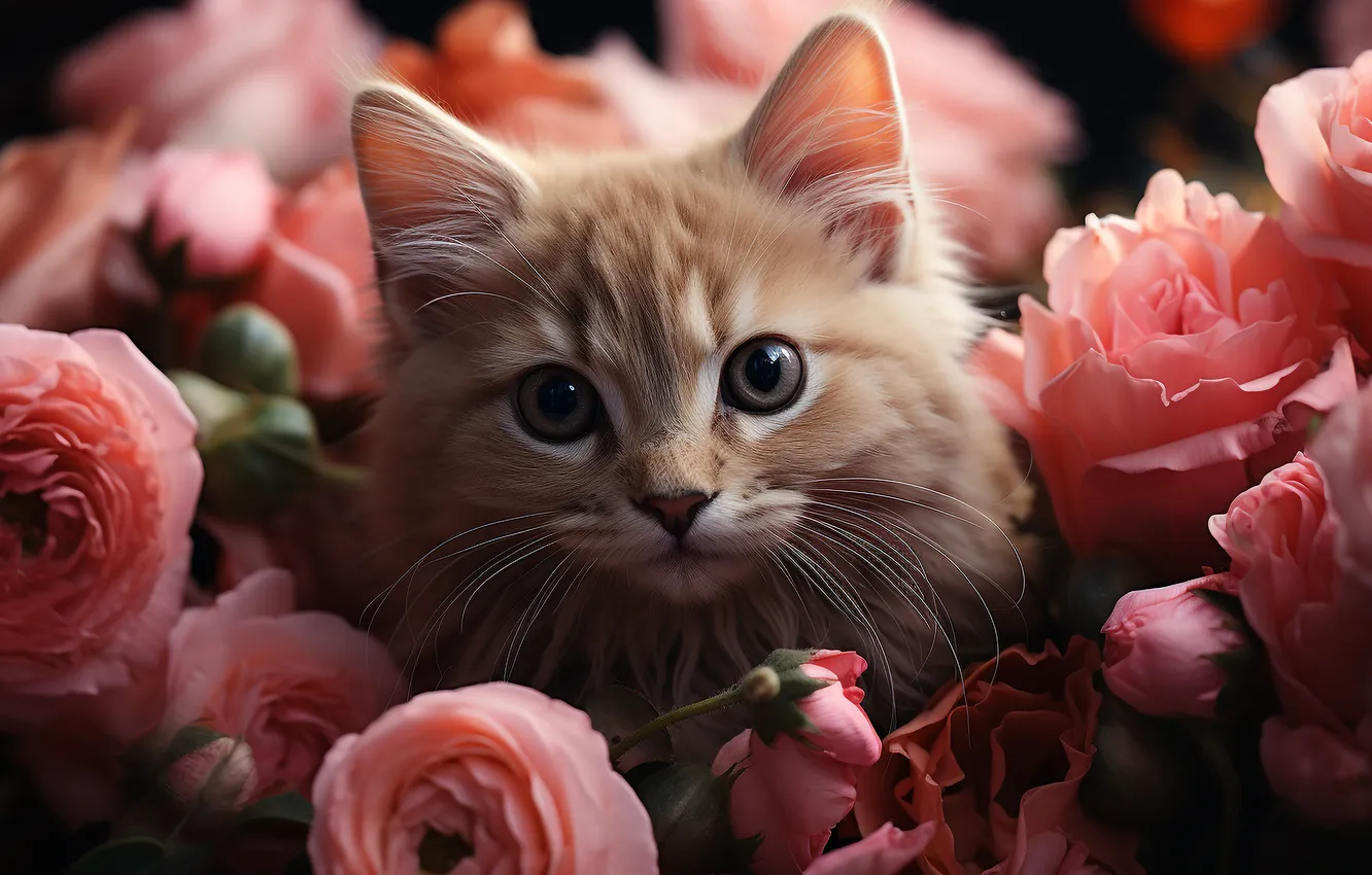 Photo wallpaper cat, flowers, generated by AI