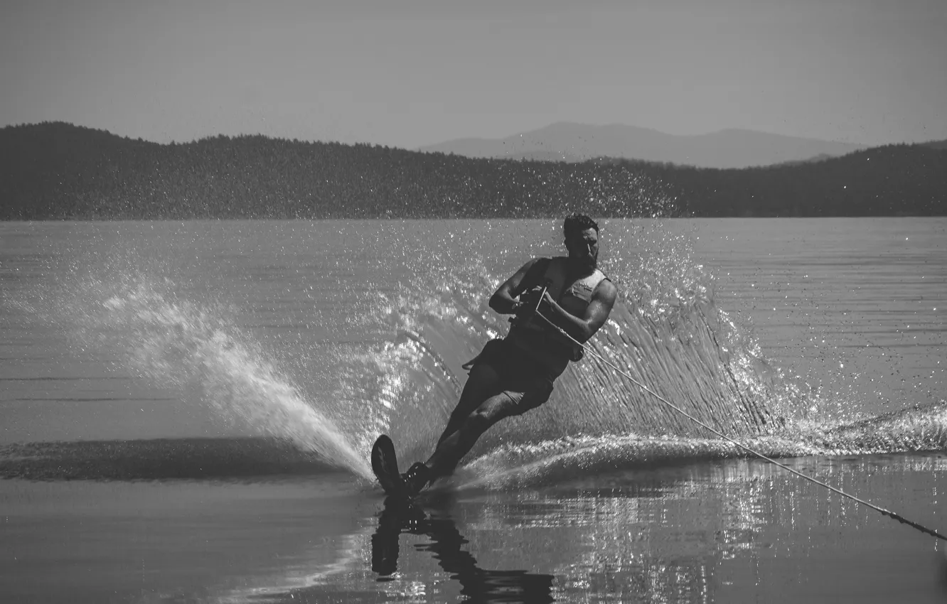 Photo wallpaper lake, man, splash, reflection, ski, skiing, extreme sport
