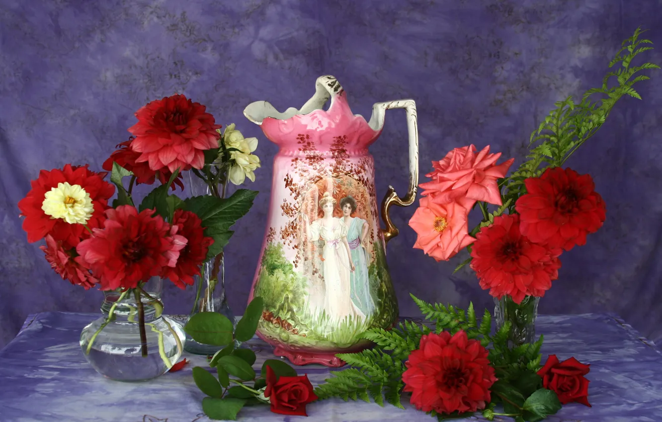 Photo wallpaper flowers, table, background, roses, pitcher, still life, tablecloth, vases