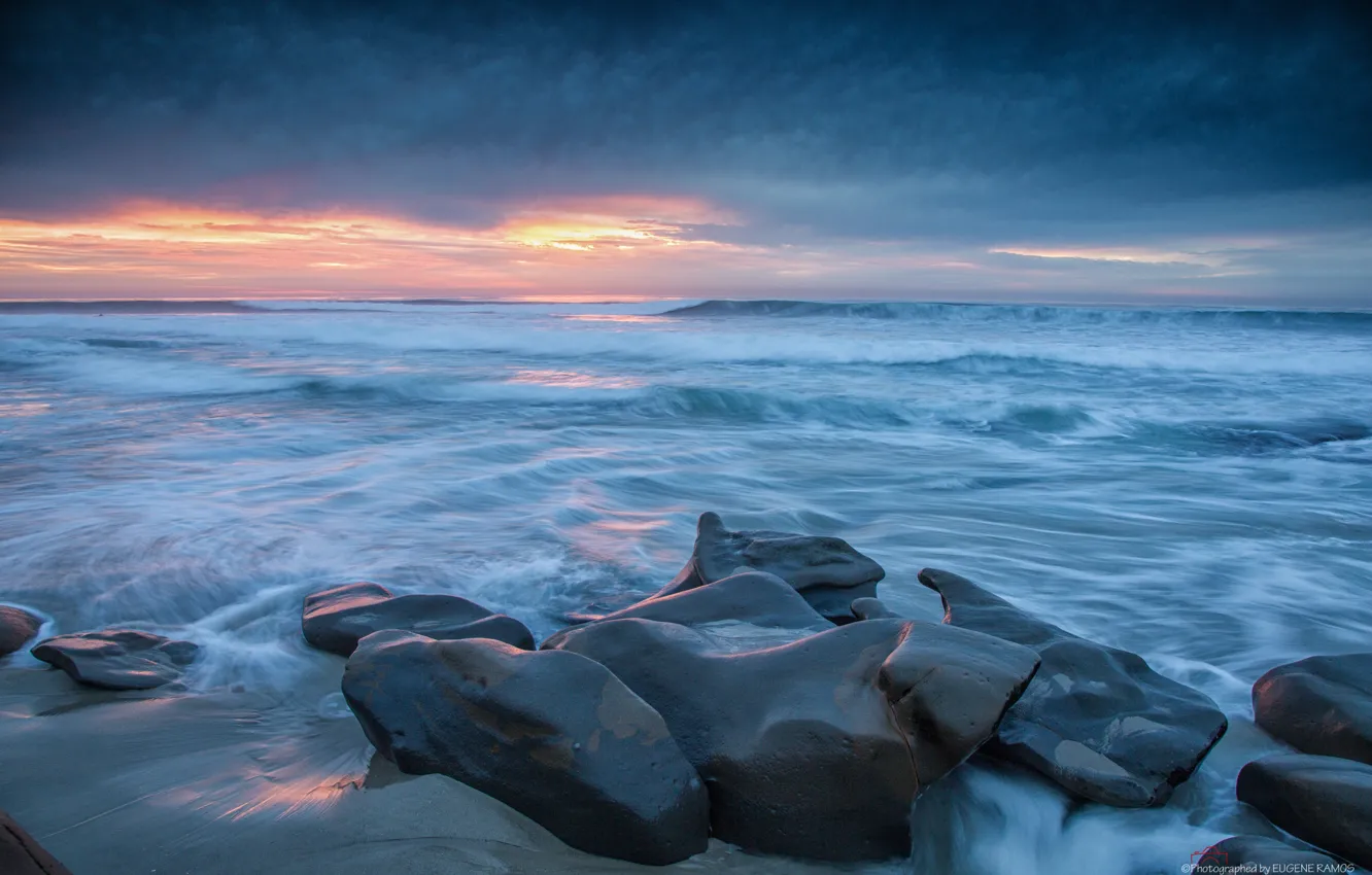 Photo wallpaper sea, wave, the sky, clouds, clouds, stones, rocks