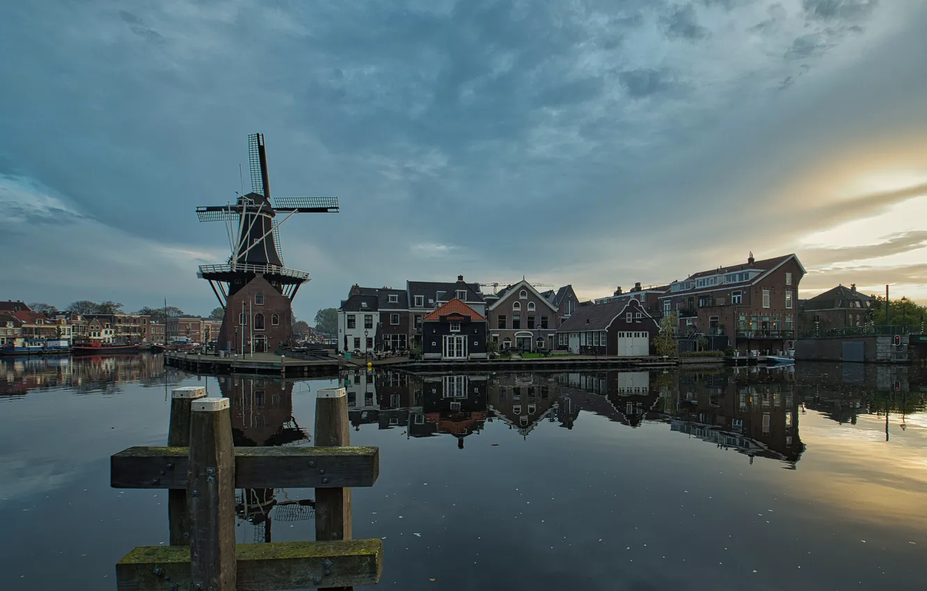 Photo wallpaper photo, Home, The evening, The city, Mill, River, Netherlands, Haarlem