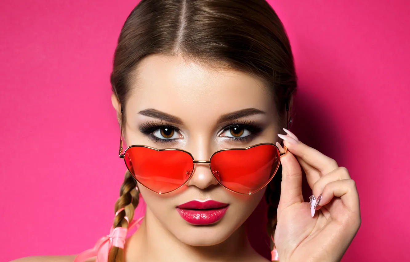 Photo wallpaper look, girl, love, face, holiday, romance, glasses, hearts