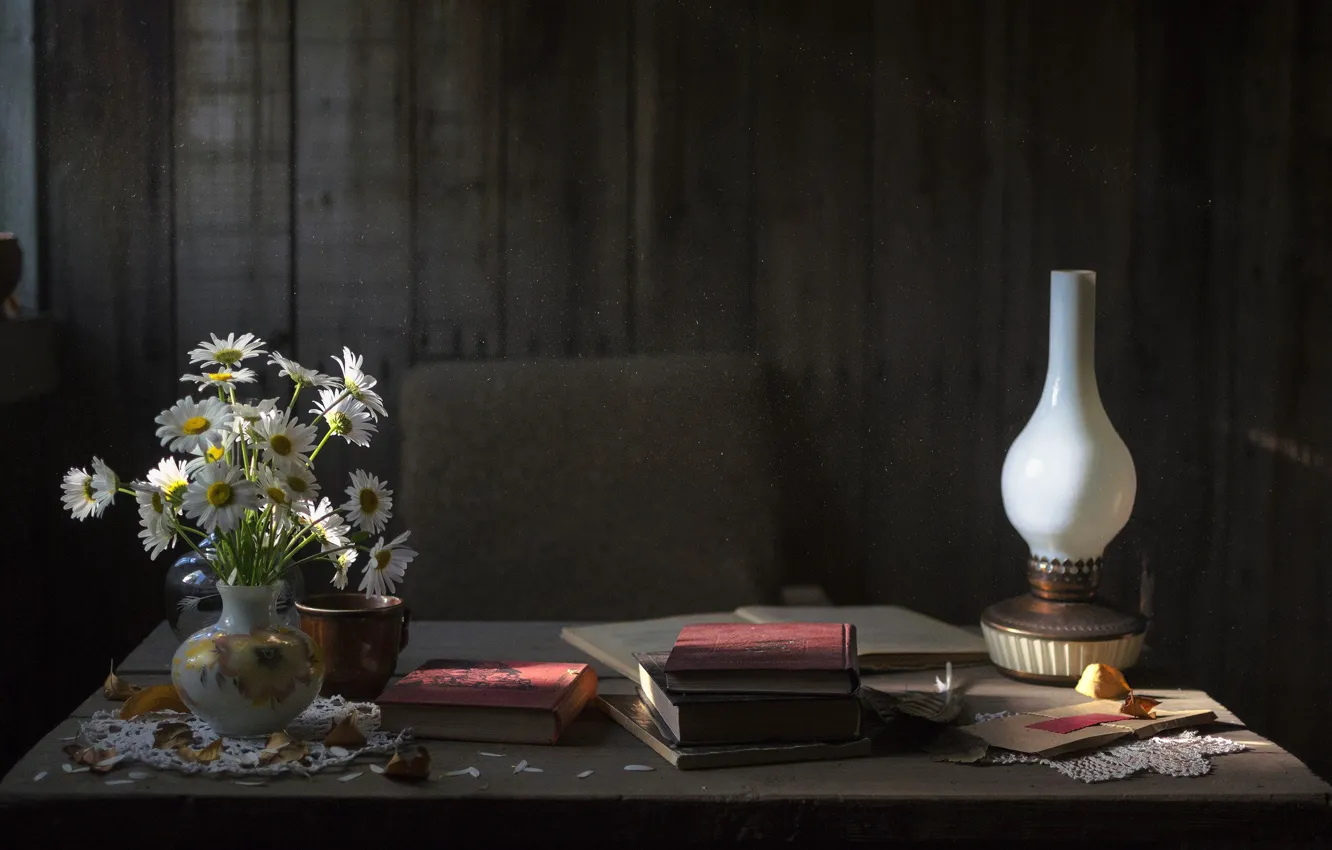 Photo wallpaper autumn, trees, flowers, comfort, mood, calm, lamp, chamomile