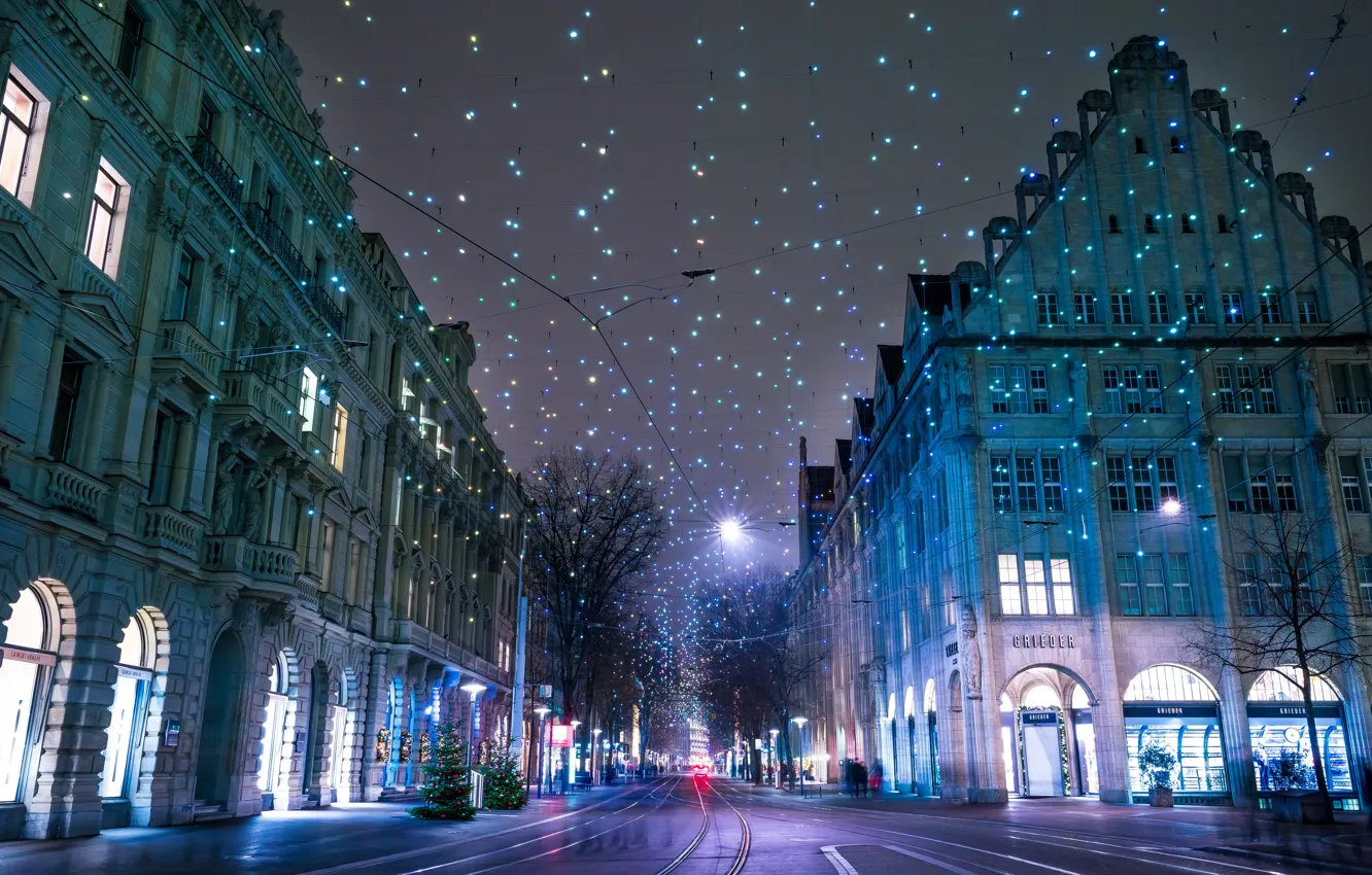 Photo wallpaper winter, night, lights, street, Switzerland, garland, Switzerland, Zurich