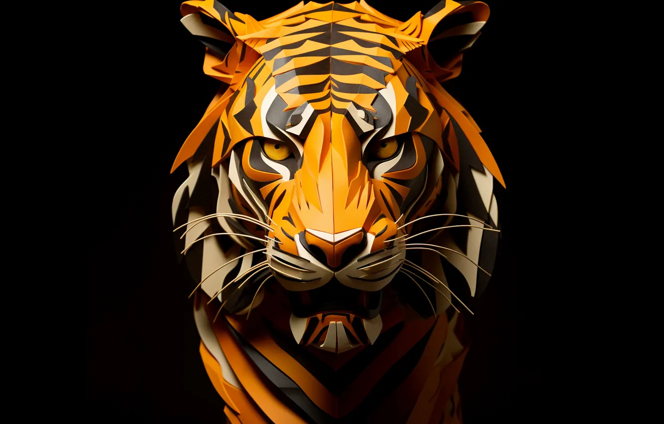 Photo wallpaper Tiger, Black background, Face, Predator, Art, Rendering, Front, Big cat