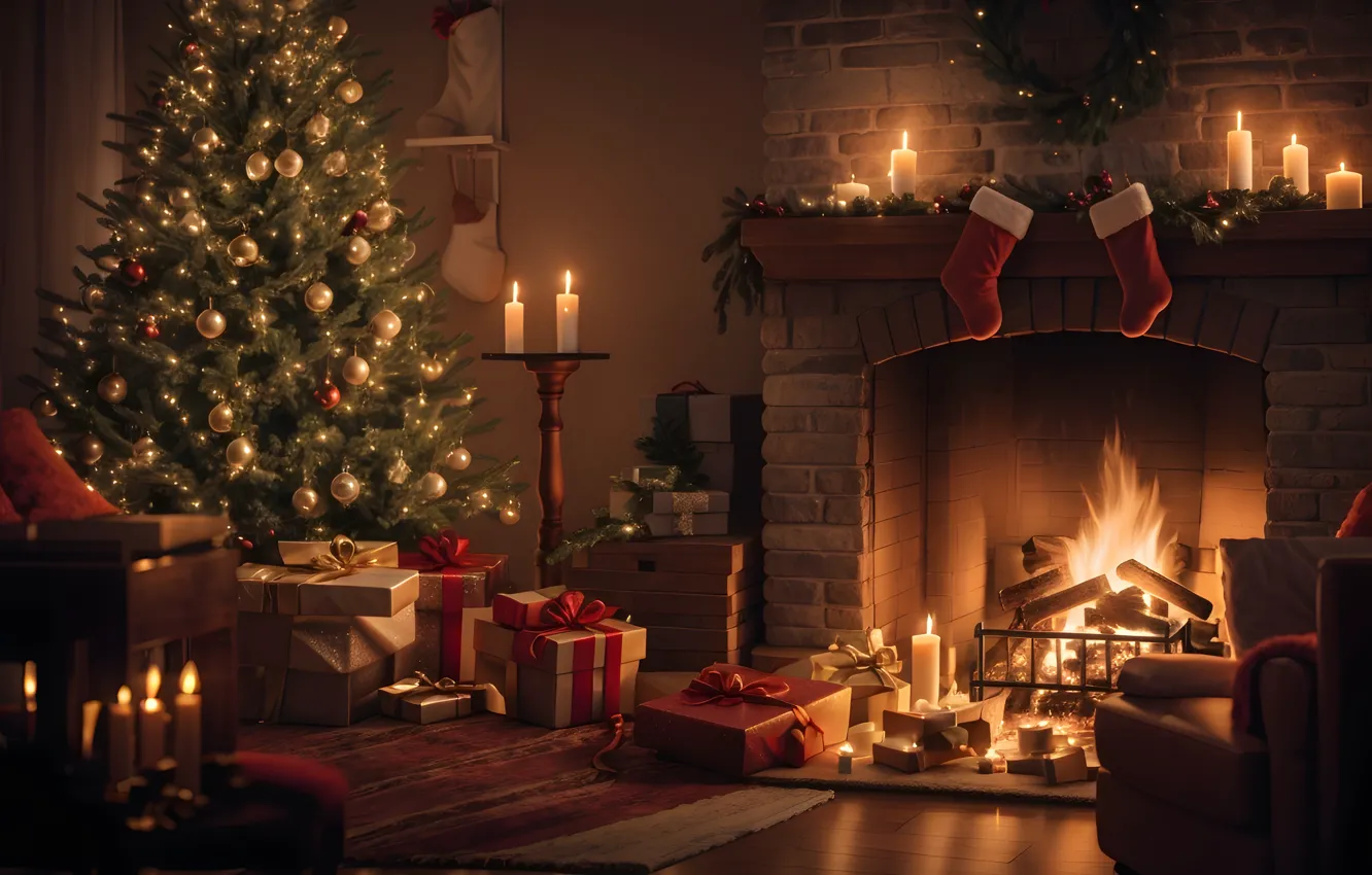 Photo wallpaper decoration, room, gift, balls, tree, new year, interior, Christmas