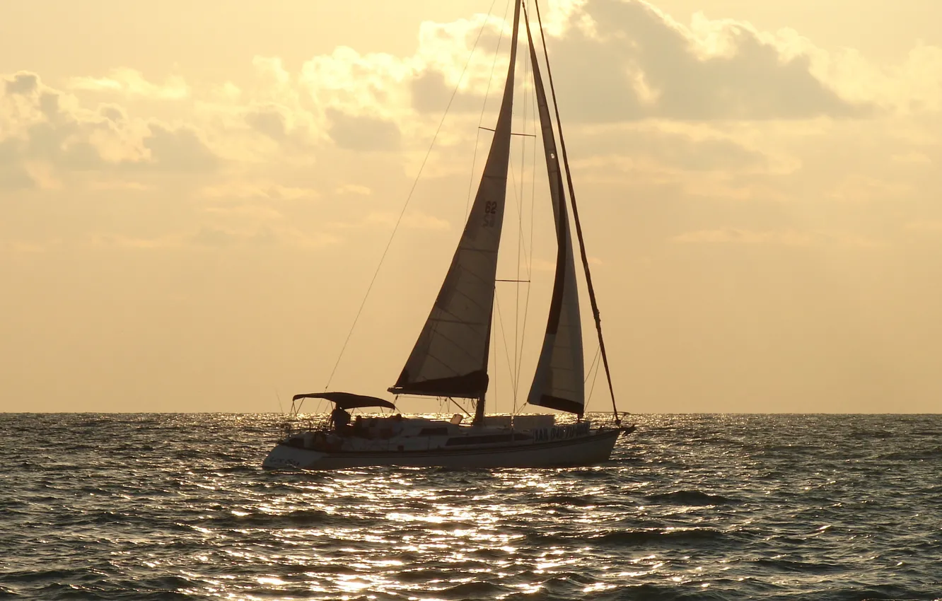 Photo wallpaper sea, sunset, clouds, the way, the evening, yacht, horizon, sail