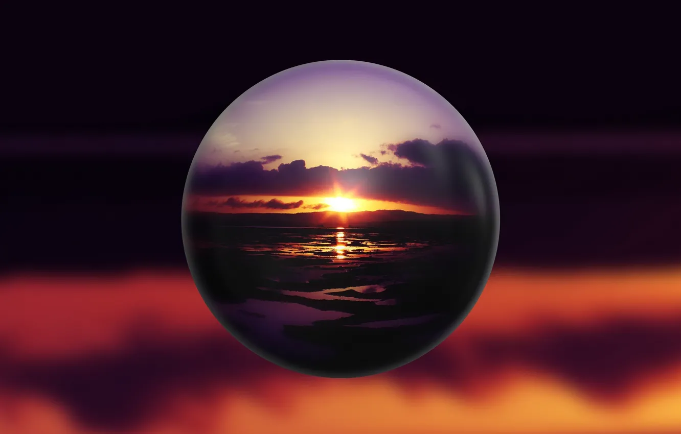 Photo wallpaper reflection, ball, the evening, art, sunset, reflection, sphere, mirror sphere