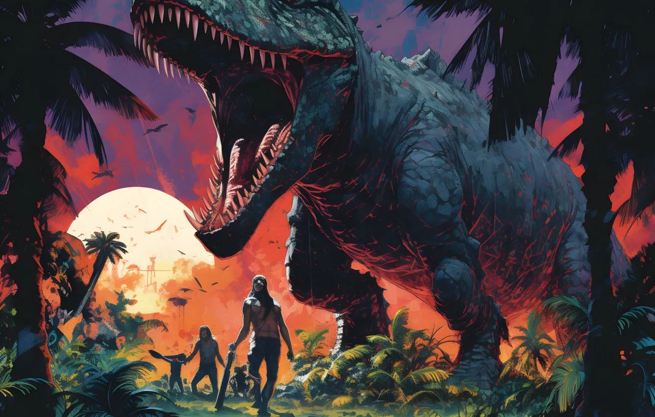 Photo wallpaper palm trees, animal, people, dinosaur, teeth, mouth, digital art, Prehistoric