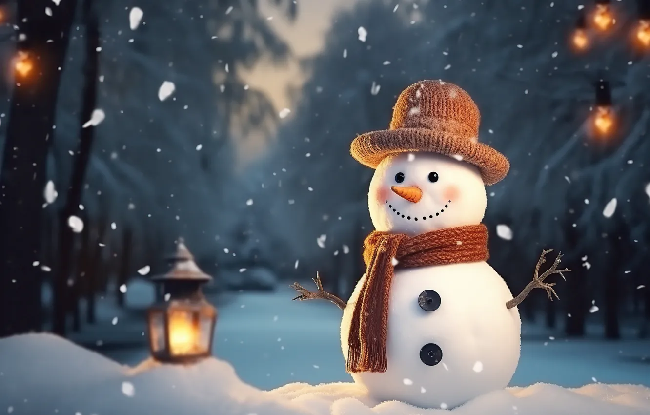 Photo wallpaper winter, snow, new year, Christmas, snowman, Christmas, night, winter