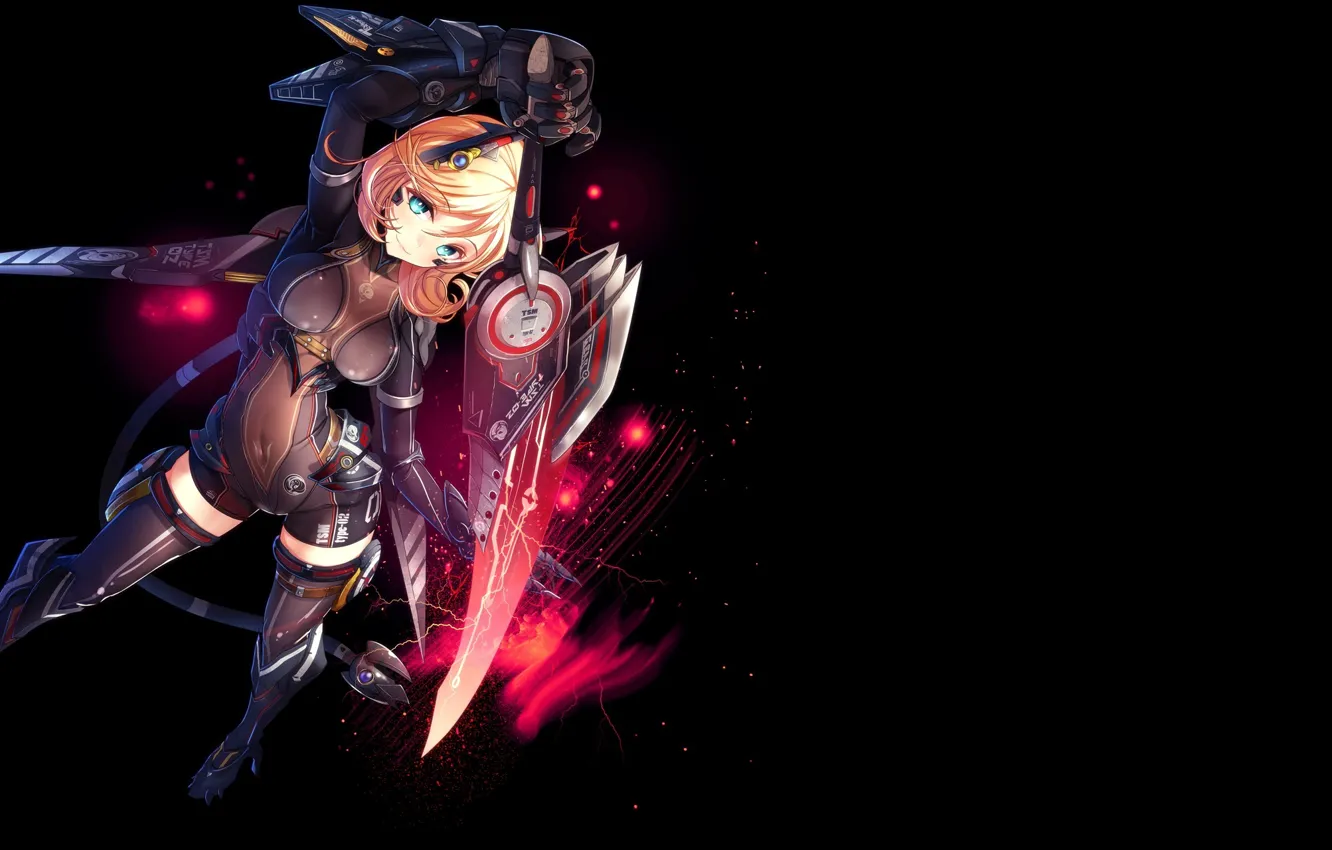 Photo wallpaper look, girl, smile, weapons, background, magic, costume, art