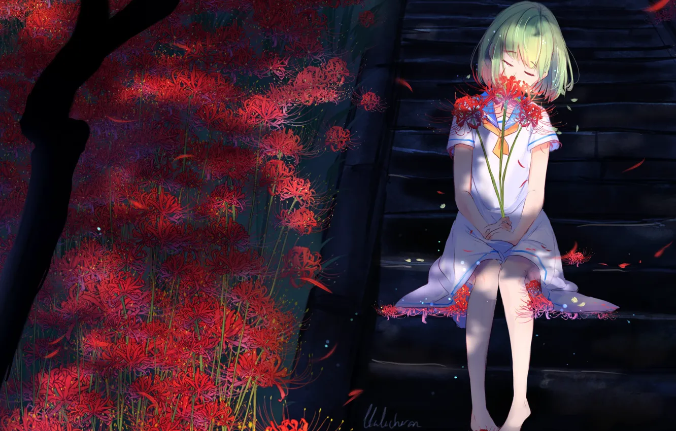 Photo wallpaper ladder, girl, red, green hair, closed eyes, sailor, sitting on the stairs, lluluchwan