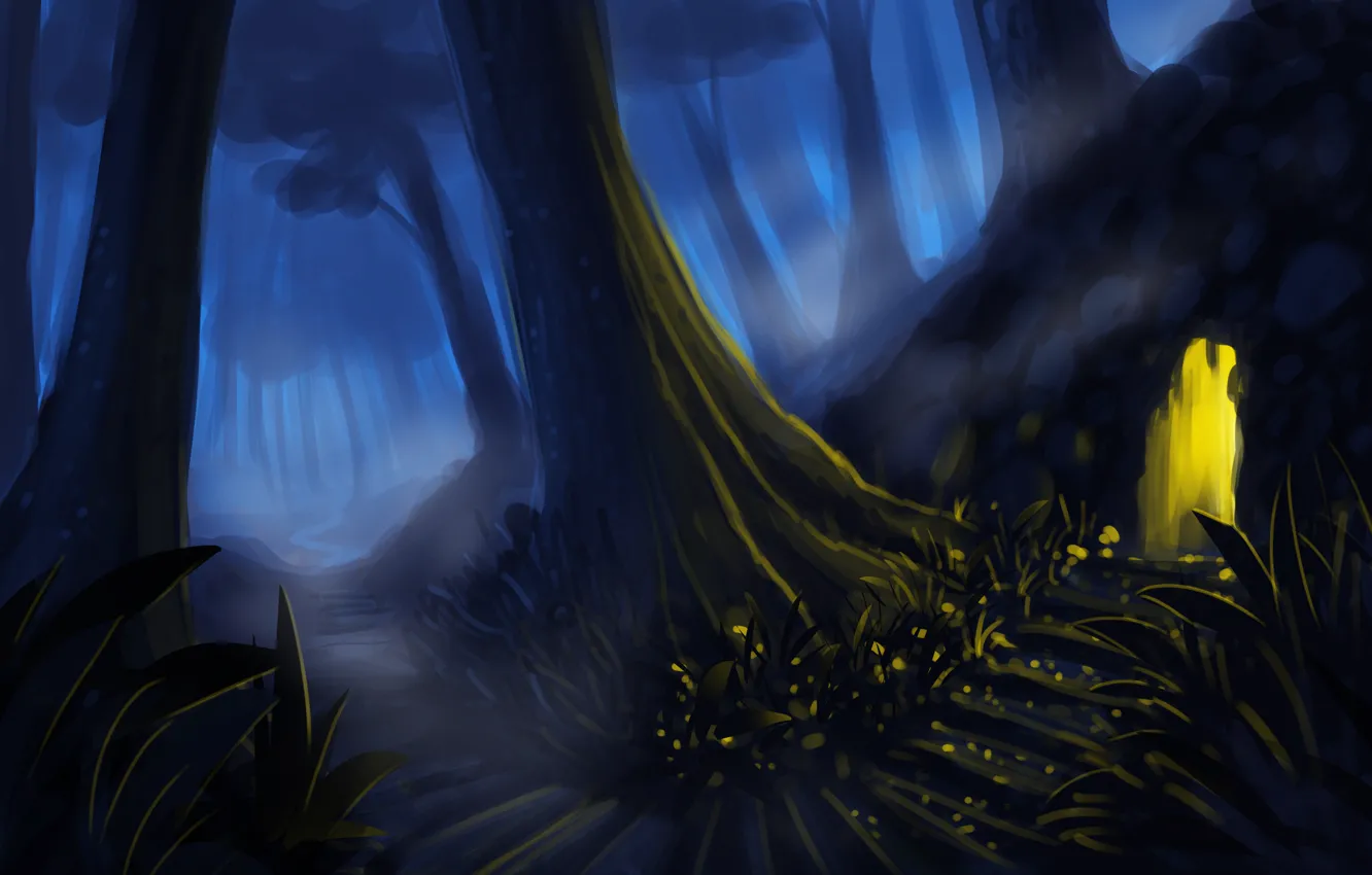 Photo wallpaper forest, trees, night, art, ladder, steps, cave, entrance