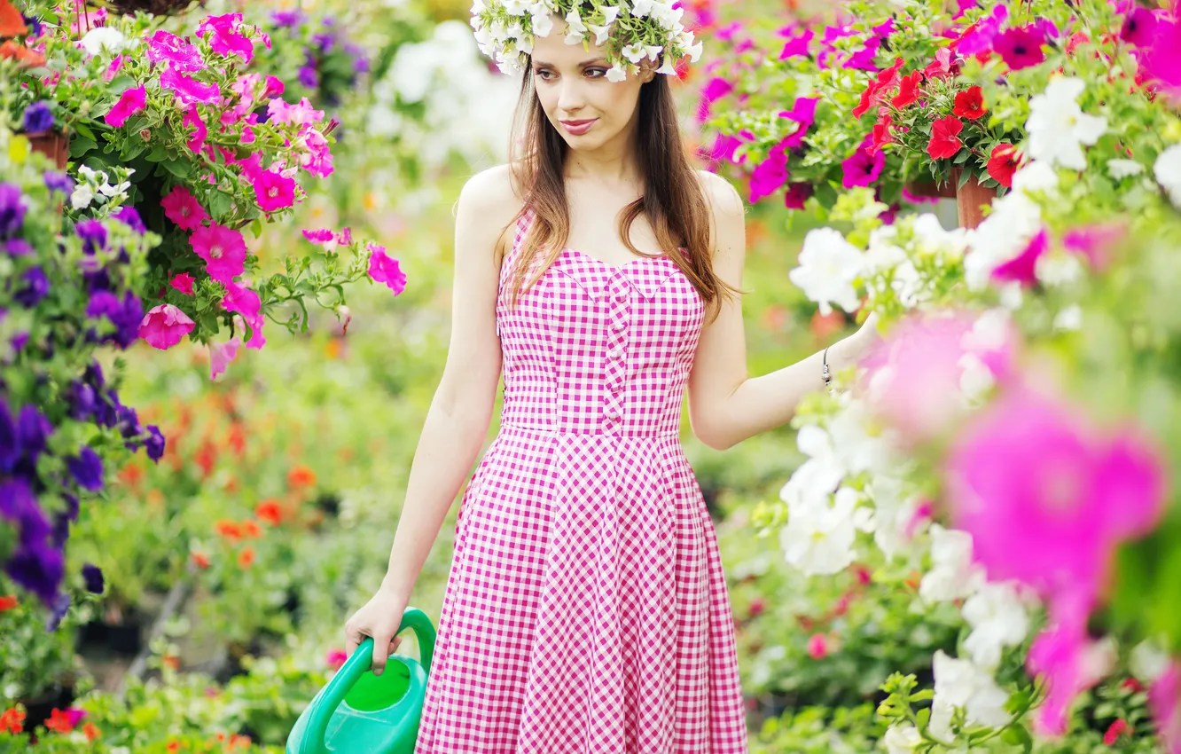 Photo wallpaper girl, flowers, lake, girl, flowers, lake