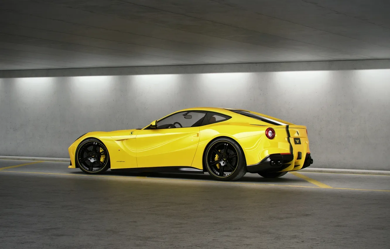 Photo wallpaper yellow, profile, ferrari, Ferrari, yellow, black rims, F12 berlinetta, F12 Berlinetta