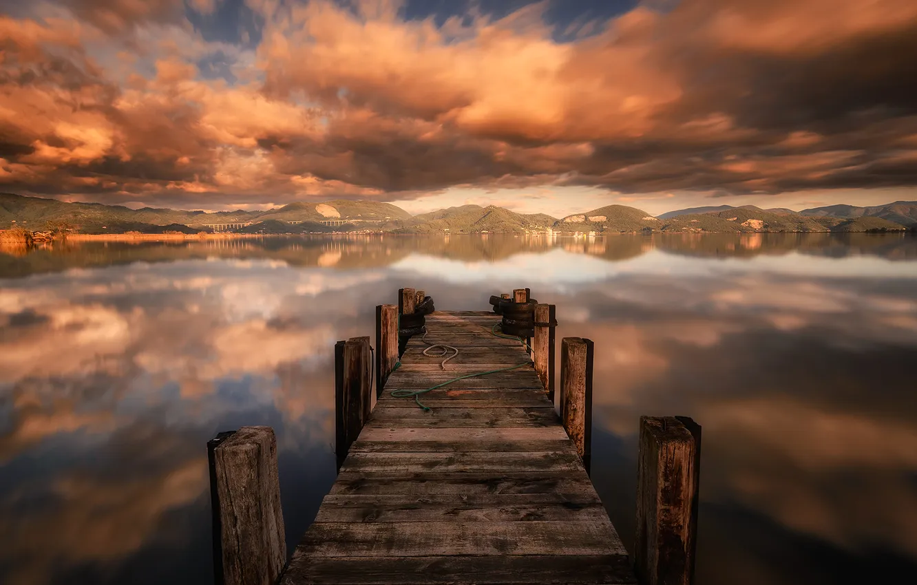 Photo wallpaper sunset, cloud, lake, pier