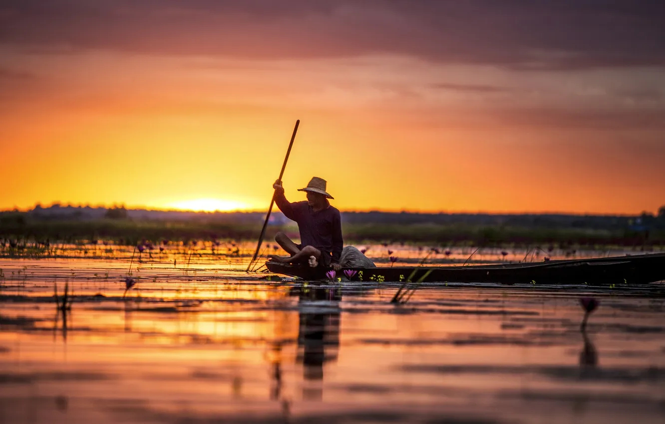 Photo wallpaper sunset, flowers, lake, reflection, fisherman, mirror, Canoeing