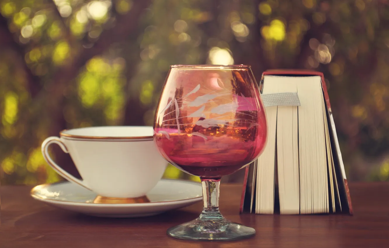 Photo wallpaper greens, table, glass, Cup, book, saucer