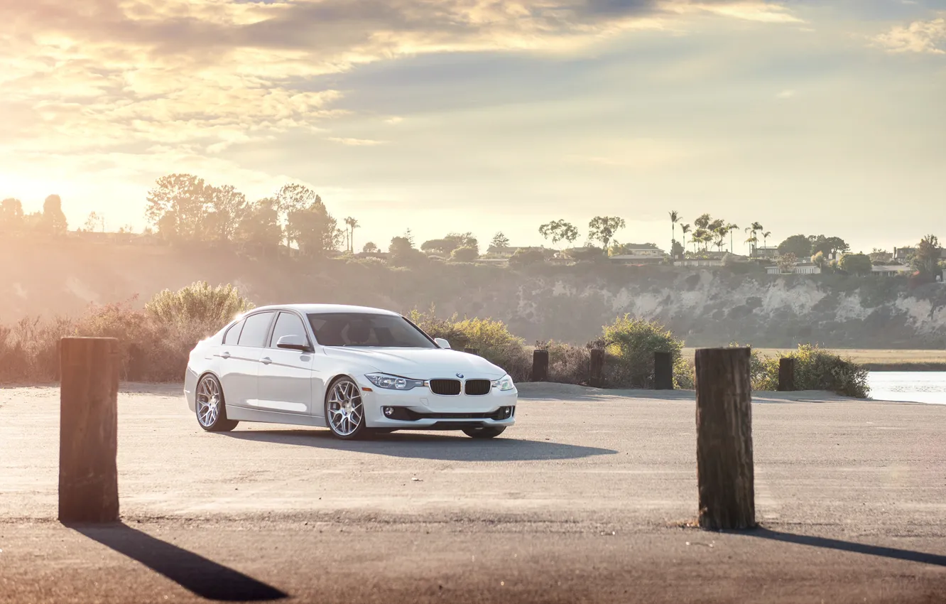 Photo wallpaper Sunset, BMW, White, BMW, 328i, F30, Sedan