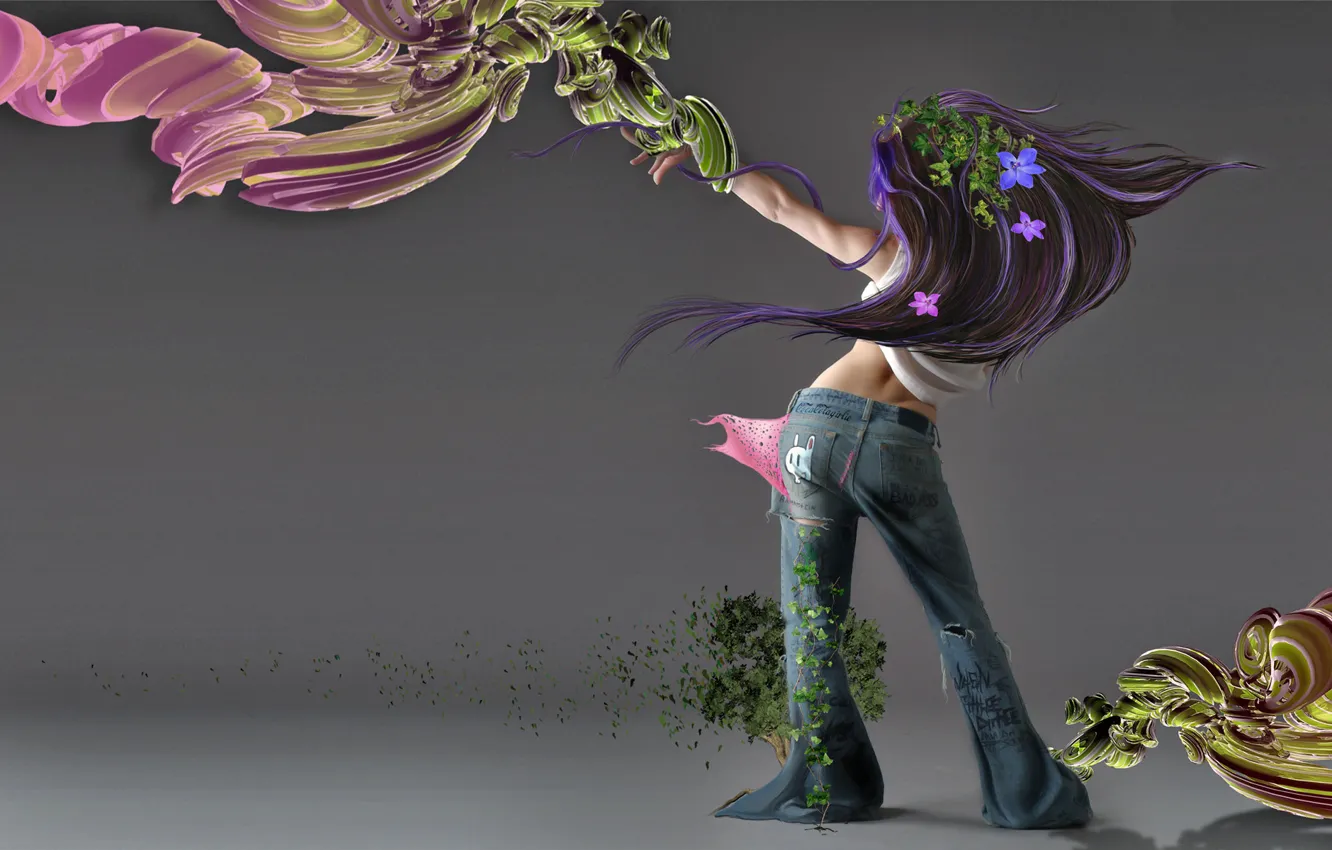 Photo wallpaper BACKGROUND, GIRL, JEANS, VIEW, BACK, FLOWERS