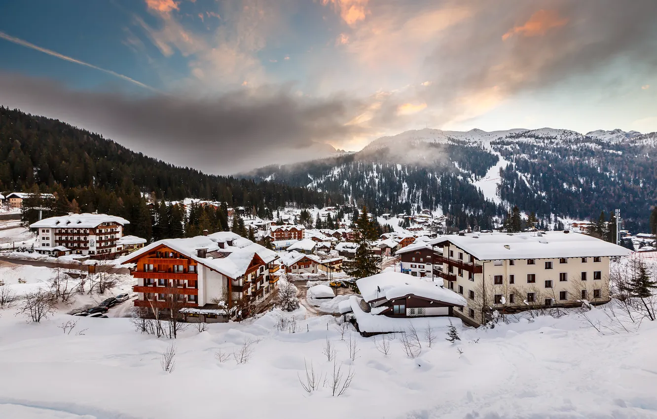 Photo wallpaper winter, snow, mountains, the city, building, home, Alps, Italy