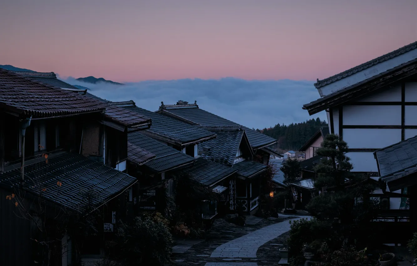 Photo wallpaper city, Japan, house, twilight, sky, trees, sunset, clouds