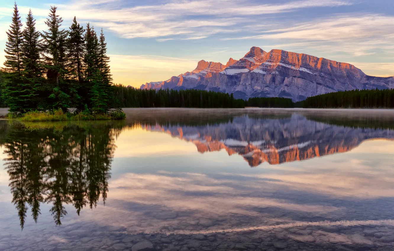 Photo wallpaper forest, the sky, clouds, mountains, lake, Canada, Banff national Park, Jack Lake