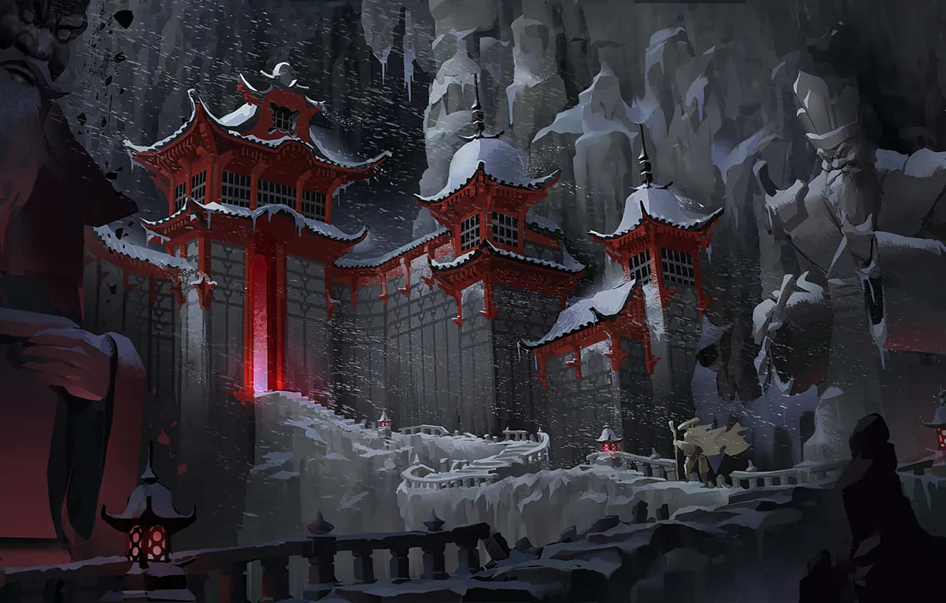 Photo wallpaper ladder, statue, traveler, Kung fu Panda, the temple on the top, Chinese architecture