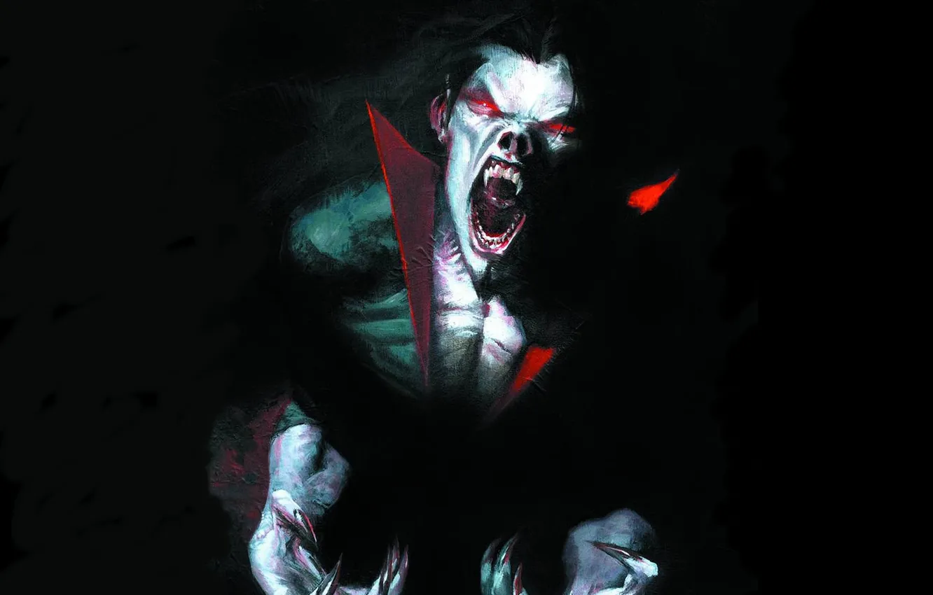 Photo wallpaper the dark background, fangs, grin, vampire, Marvel Comics, Morbius, Morbius, The Living Vampire