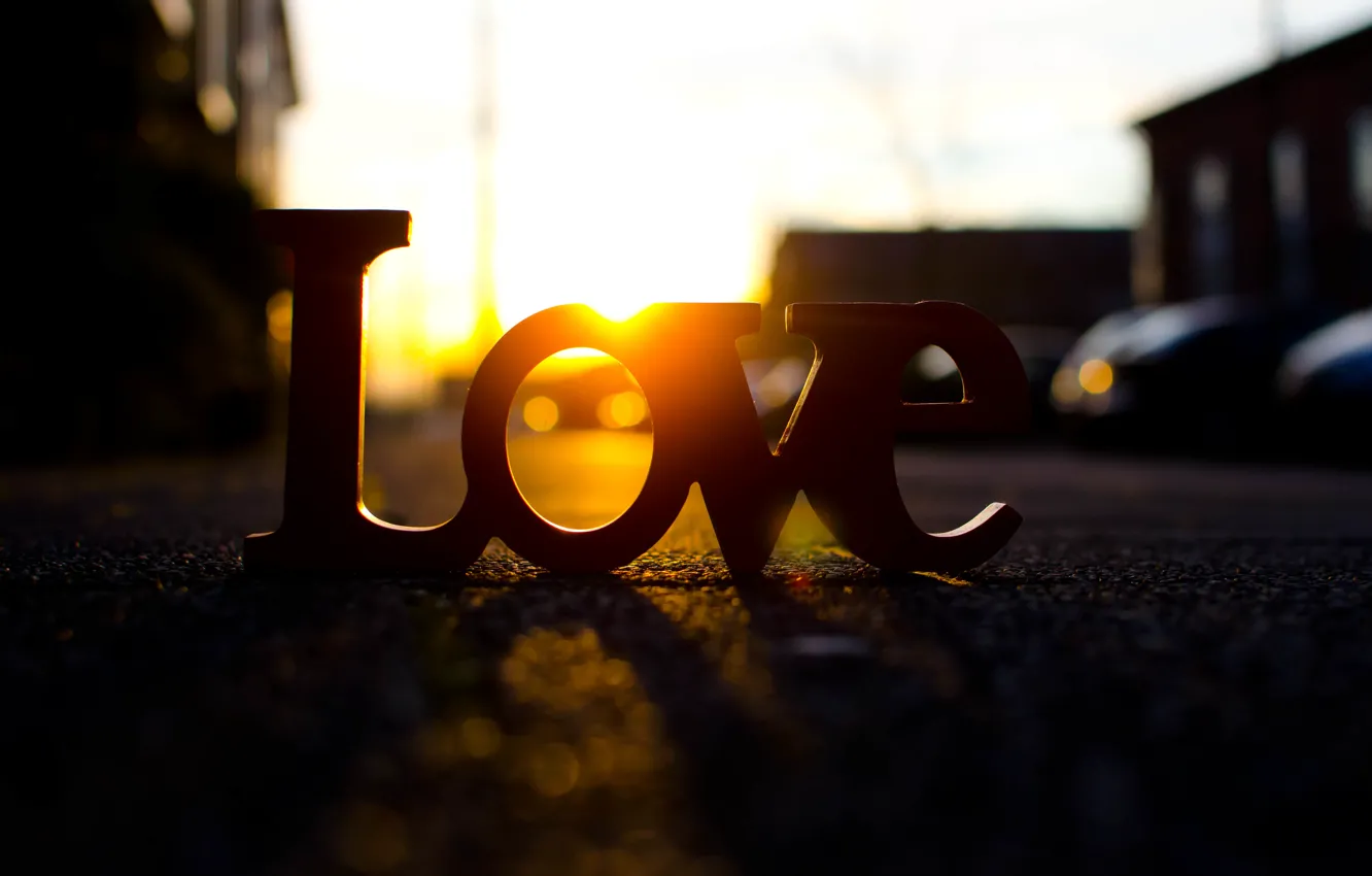 Photo wallpaper road, the sun, rays, love, sunset, letters, background, Wallpaper