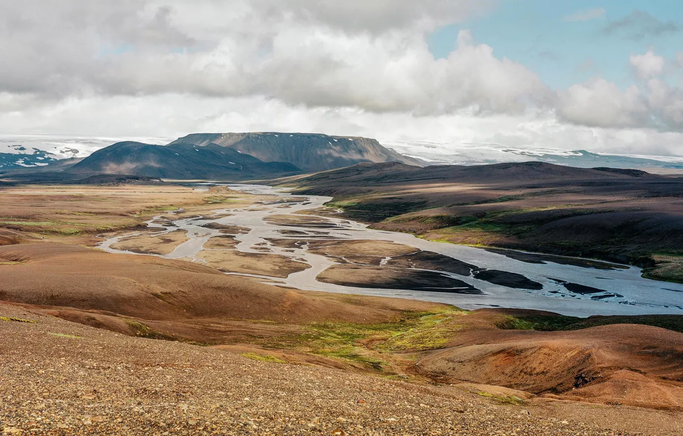 Photo wallpaper the sky, clouds, mountains, river