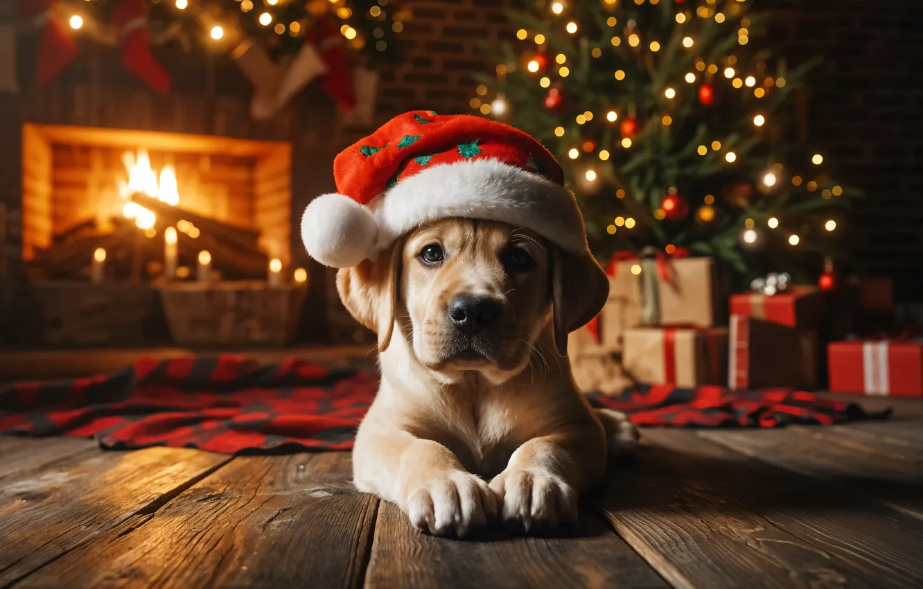 Photo wallpaper look, lights, pose, flame, Board, dog, Christmas, gifts