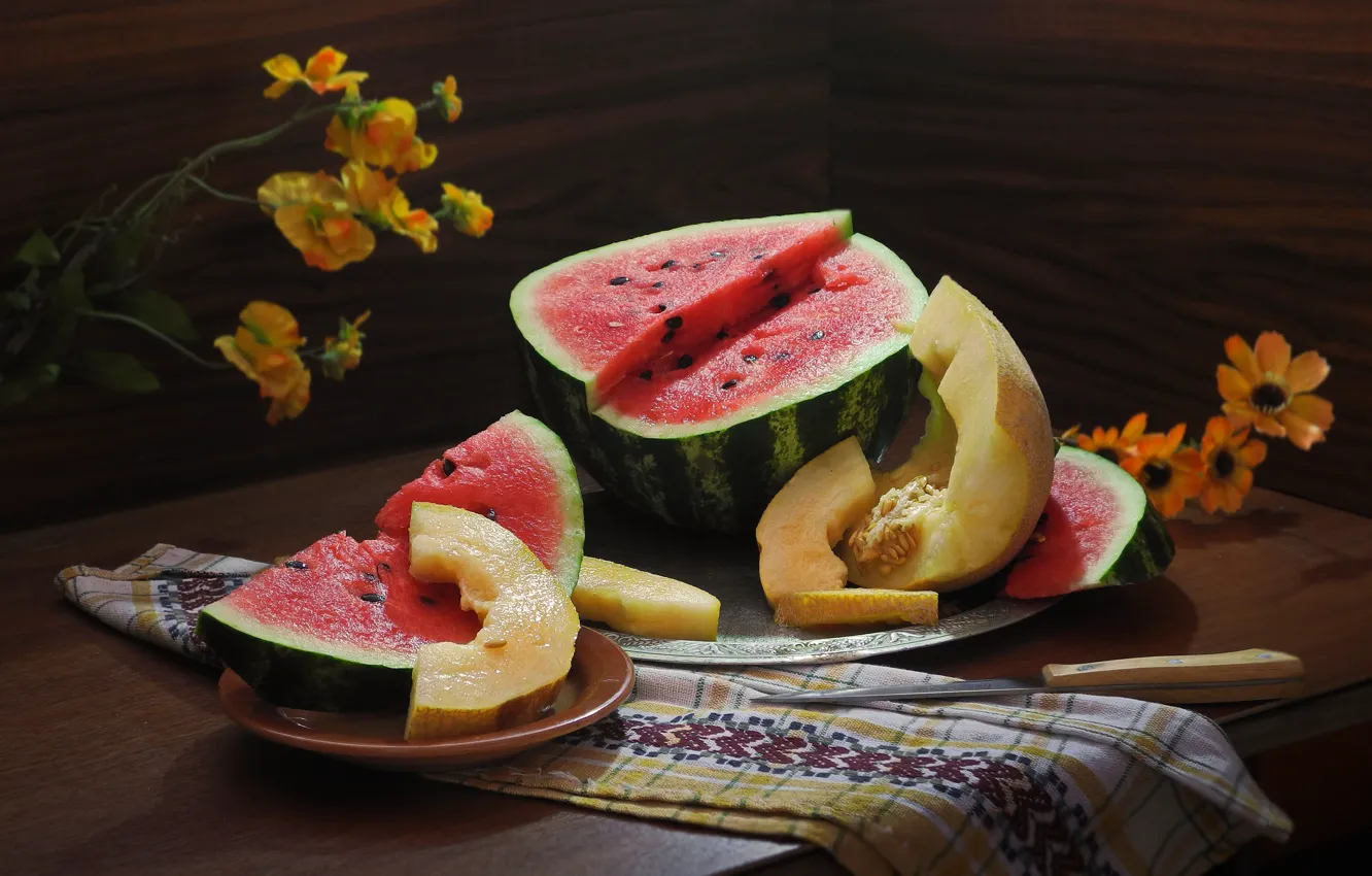 Photo wallpaper flowers, towel, watermelon, fruit, plate, knife, table, slices