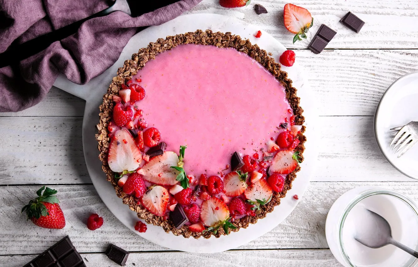 Photo wallpaper berries, raspberry, chocolate, strawberry, cake, tart