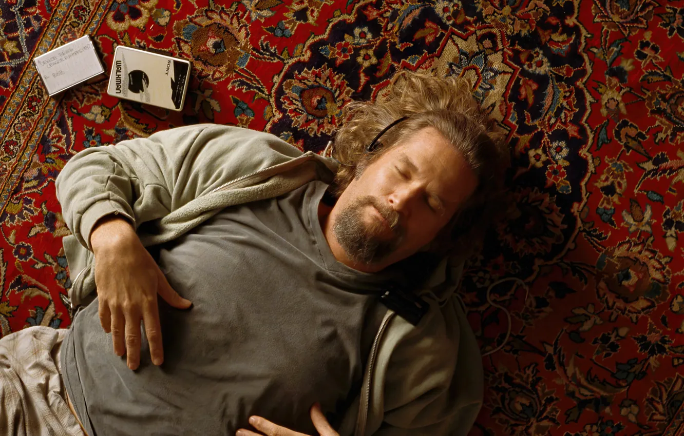 Photo wallpaper actor, headphones, walkman, Jeff Bridges, carpet, The Big Lebowski, The Big Lebowski, beard