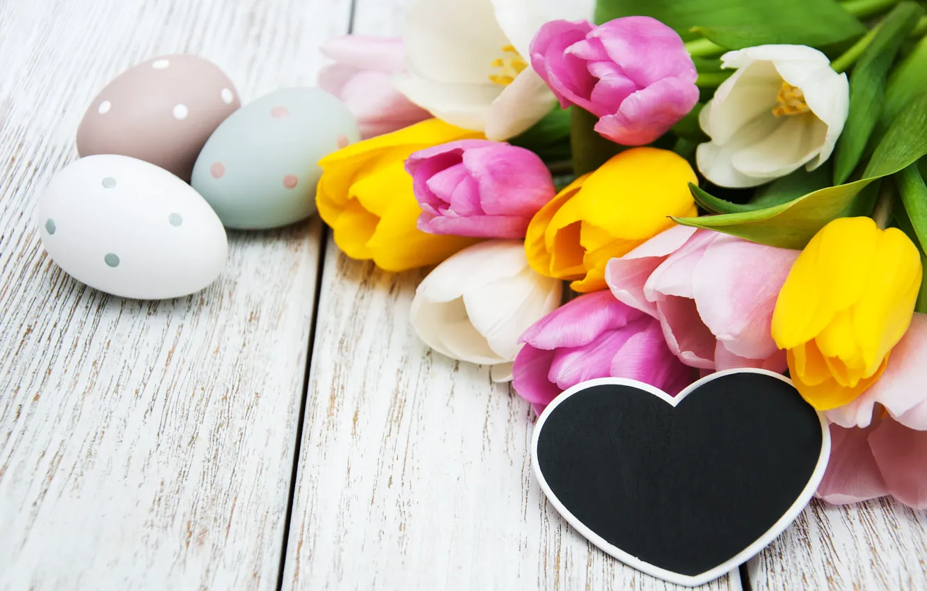 Photo wallpaper flowers, eggs, spring, colorful, Easter, tulips, happy, heart
