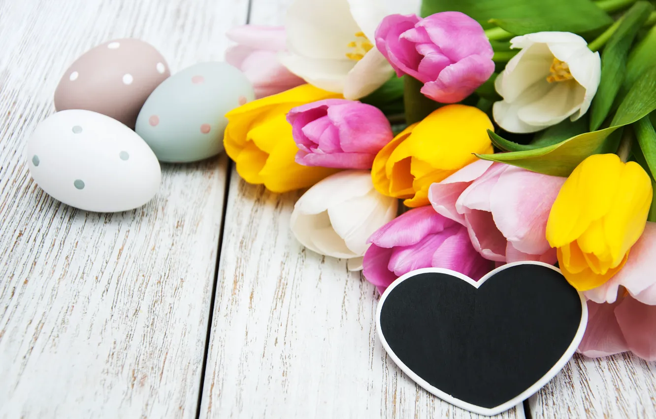 Photo wallpaper flowers, eggs, spring, colorful, Easter, tulips, heart, wood