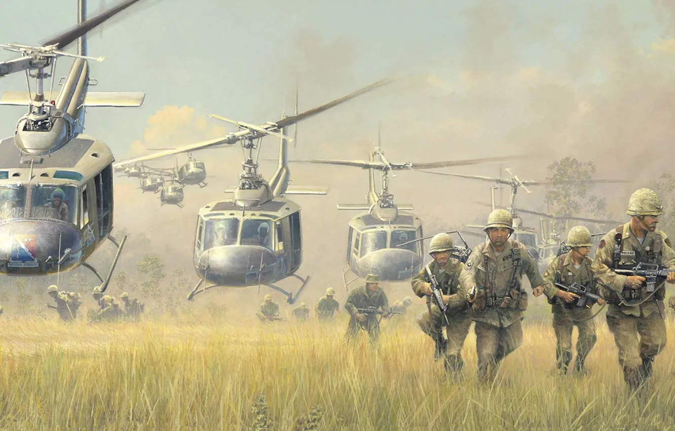 Photo wallpaper war, figure, soldiers, landing, Bell, Vietnam, cavalry, helicopters