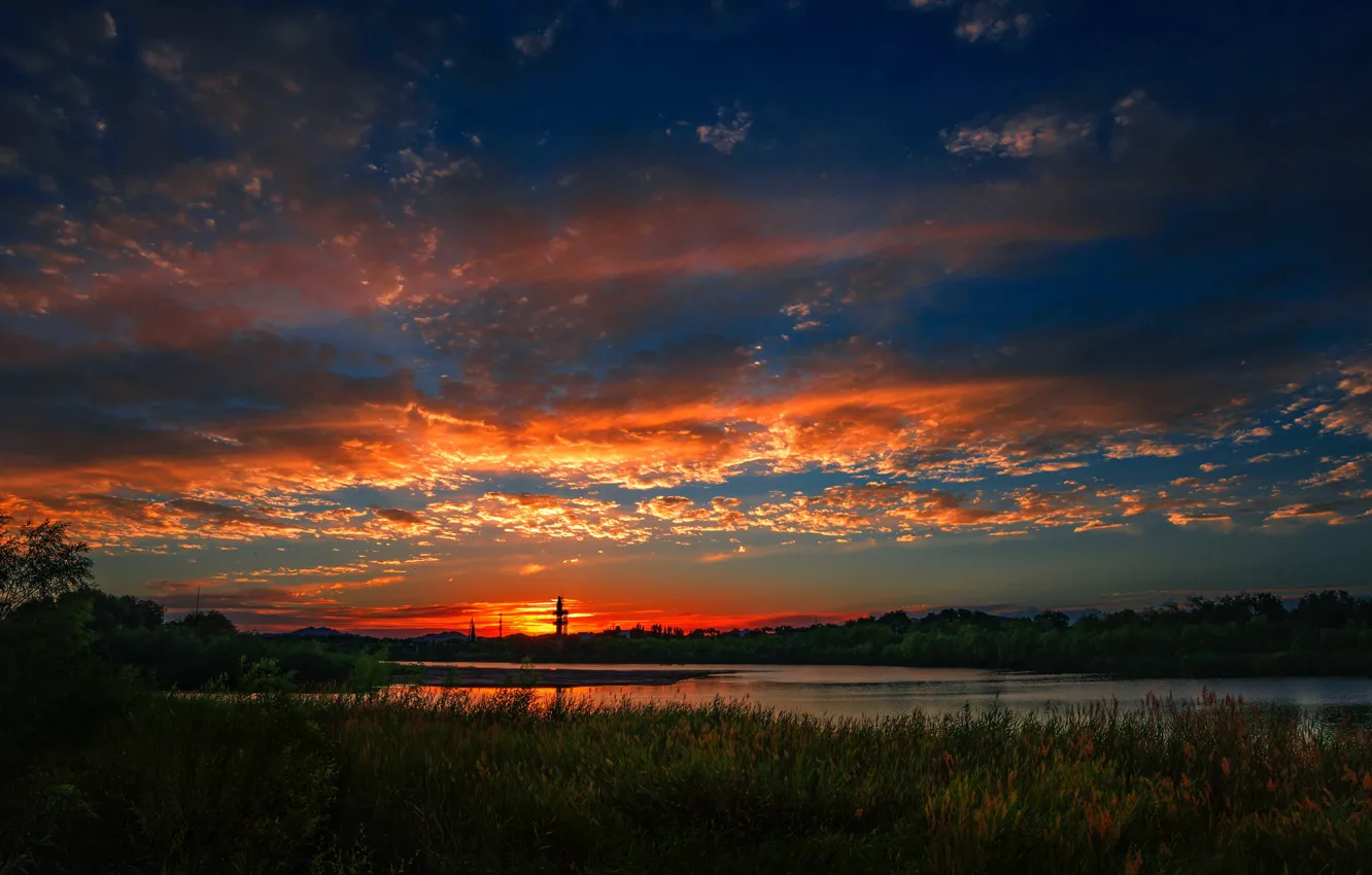 Photo wallpaper the sky, the sun, clouds, sunset, clouds, river, the reeds, horizon